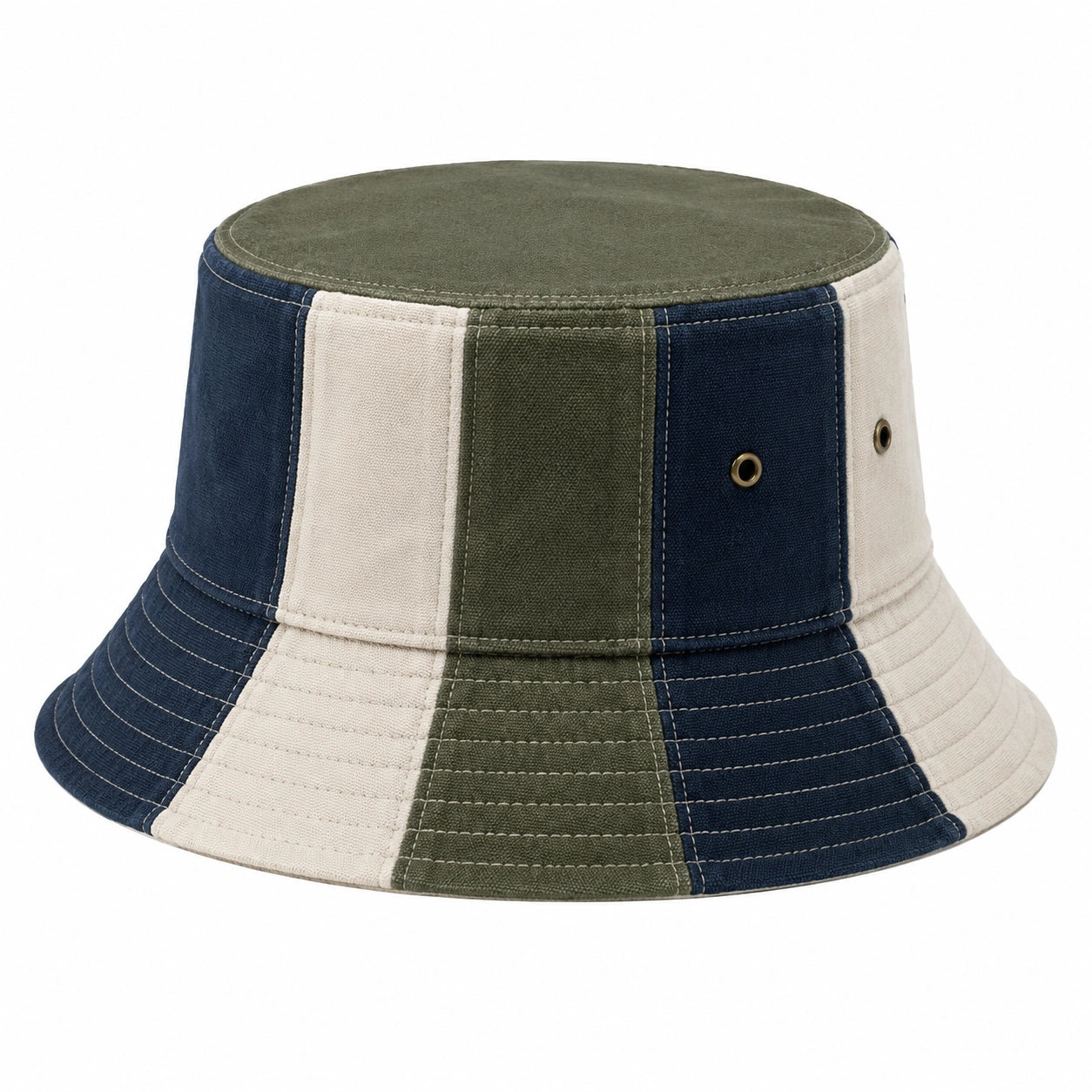 Bucket Hat Einheitsgröße aus Baumwollgewebe in Grün Navy Creme mit breiter Krempe