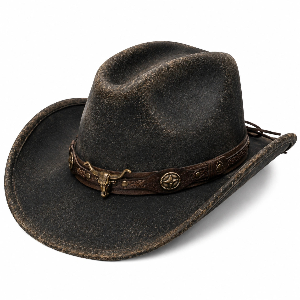 Cowboyhut Einheitsgröße schwarze Lederoptik mit braunem Zierband Westernstil