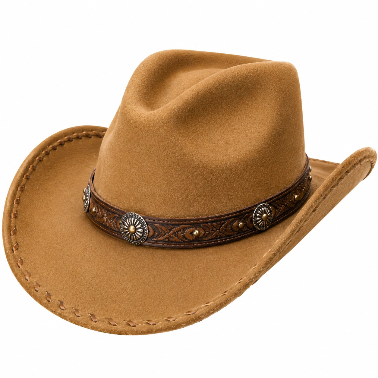 Cowboyhut Einheitsgröße in Camel Veloursoptik mit Zierband im Westernstil