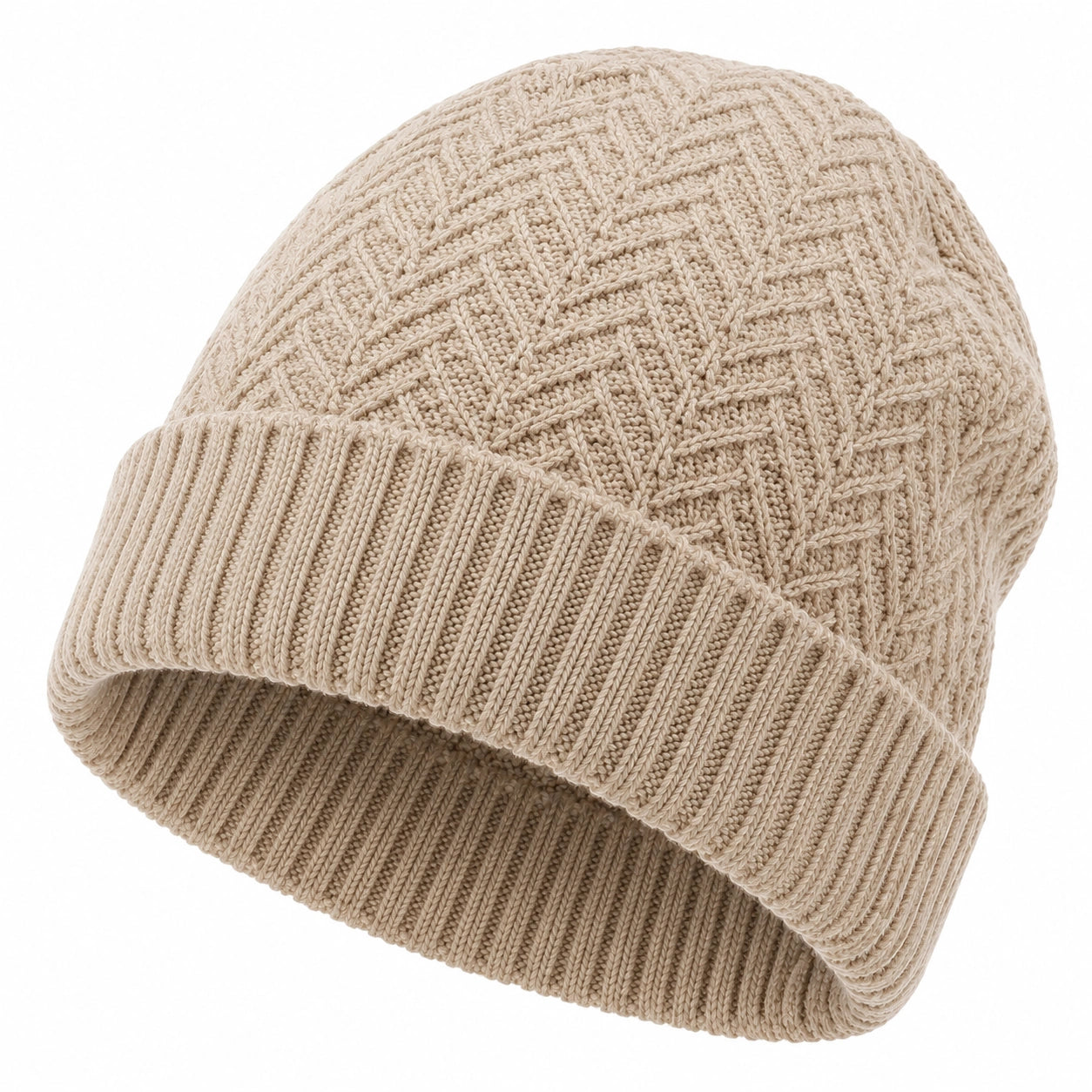 Strickmütze Einheitsgröße Beige mit Umschlag und Zopfmuster