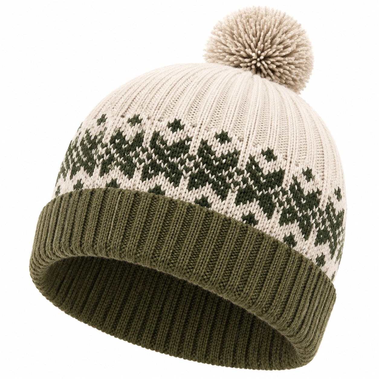Strickmütze Einheitsgröße aus Textil in Creme und Olivgrün für Winter mit Bommel