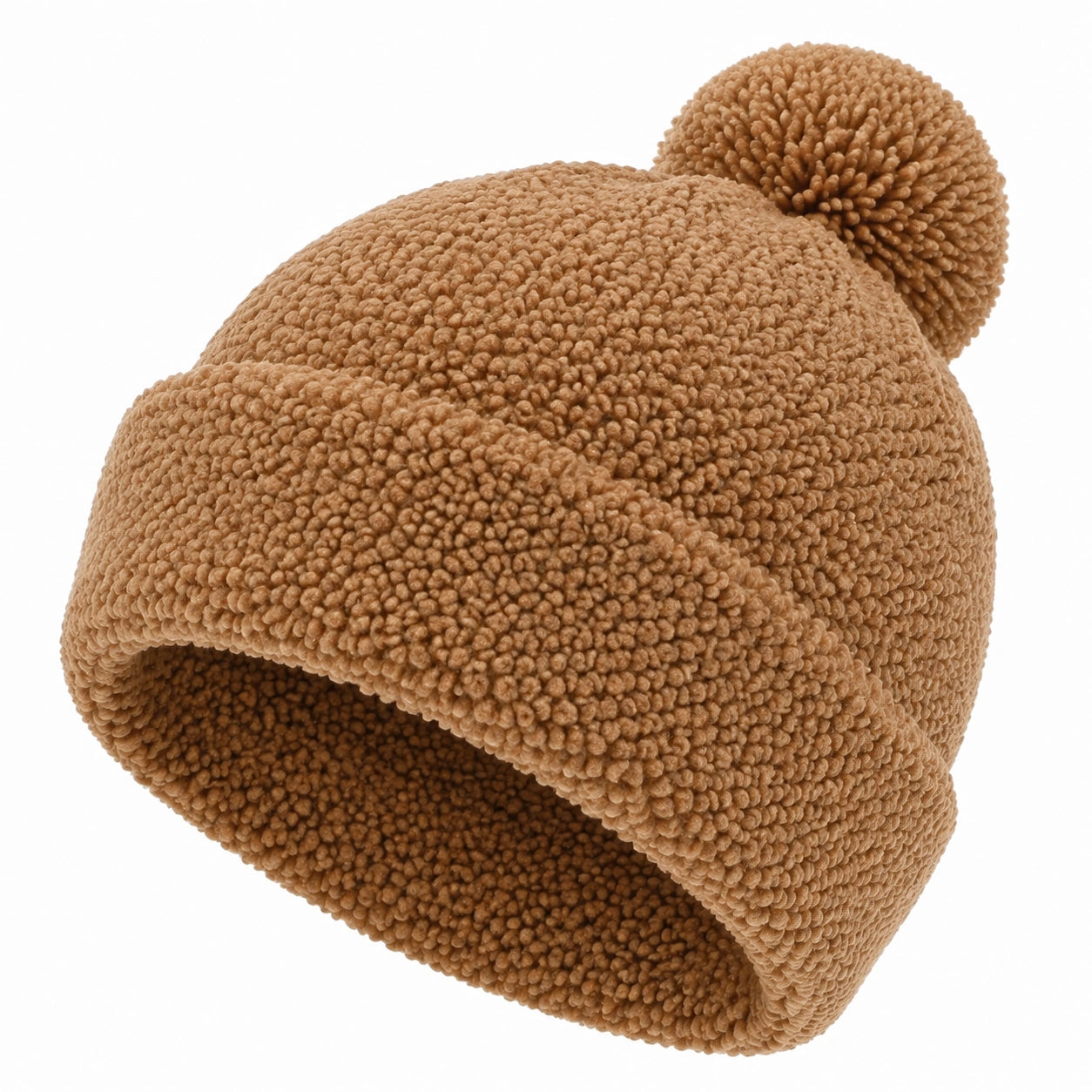 Bommelmütze Einheitsgröße in Camel aus Plüschstoff - warme Wintermütze