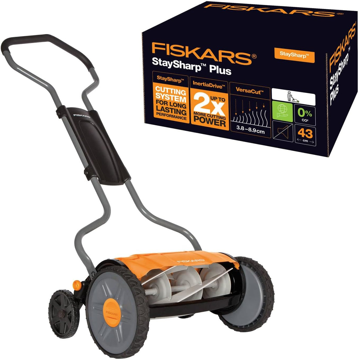 Fiskars Rasenmäher, 43 cm, Schwarz/Orange/Silber, Spindelmäher, mit berührungslosem Schneidesystem, Schnittbreite