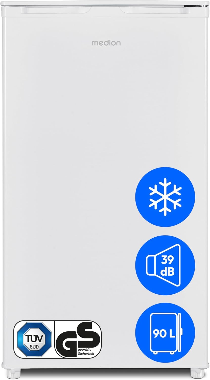 MEDION Kühlschrank, 90 L, 80 L, 10 L, Weiß, mit Eiswürfelfach ( Gesamt-Nutzinhalt Kühlteil Eiswürfelfach, transparente Gemüseschublade