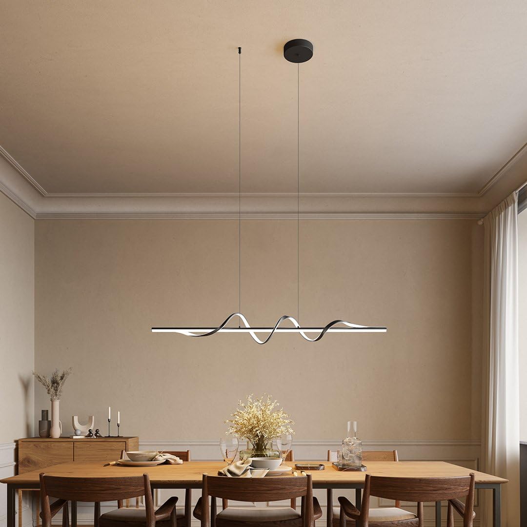 NEONA Esstisch, Schwarz, HEMERIA LED Pendelleuchte TRIAC dimmbar, Extravagante Hängeleuchte mit verschlungenen Leuchtelementen