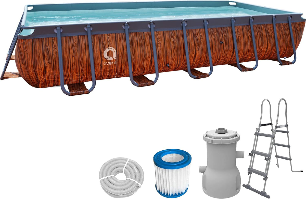 AVENLI Stahlrahmenpool, 400 x 200 x 100 cm, Braun/Grau/Blau, Pool Stahlrahmen Aufstellpool Pool-Set mit Leiter