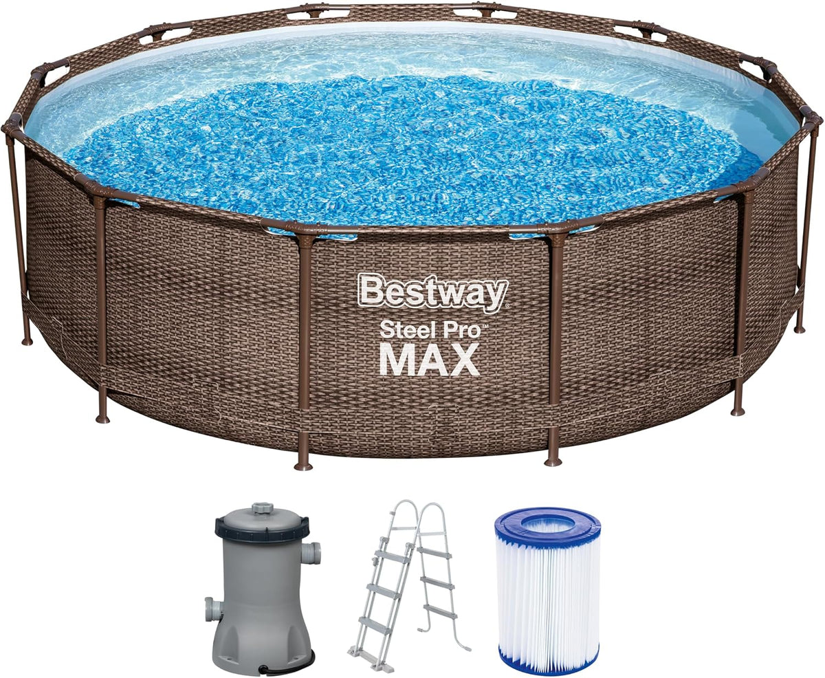 Bestway Stahlrahmenpool, 366 x 366 x 100 cm, 9150 L, Braun/Blau, 56709-GS18 Steel Pro Max -Set mit Filterpumpe und Zubehör