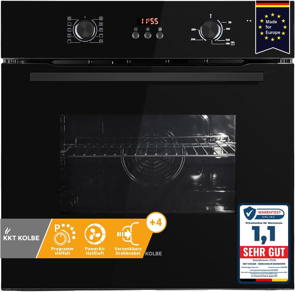 KKT KOLBE Backofen, 60 cm, 70 L, 3 kW, Schwarz, Einbau, autark, Umluft, Heißluft, Automatik-Timer, Wärmeschutzverglasung