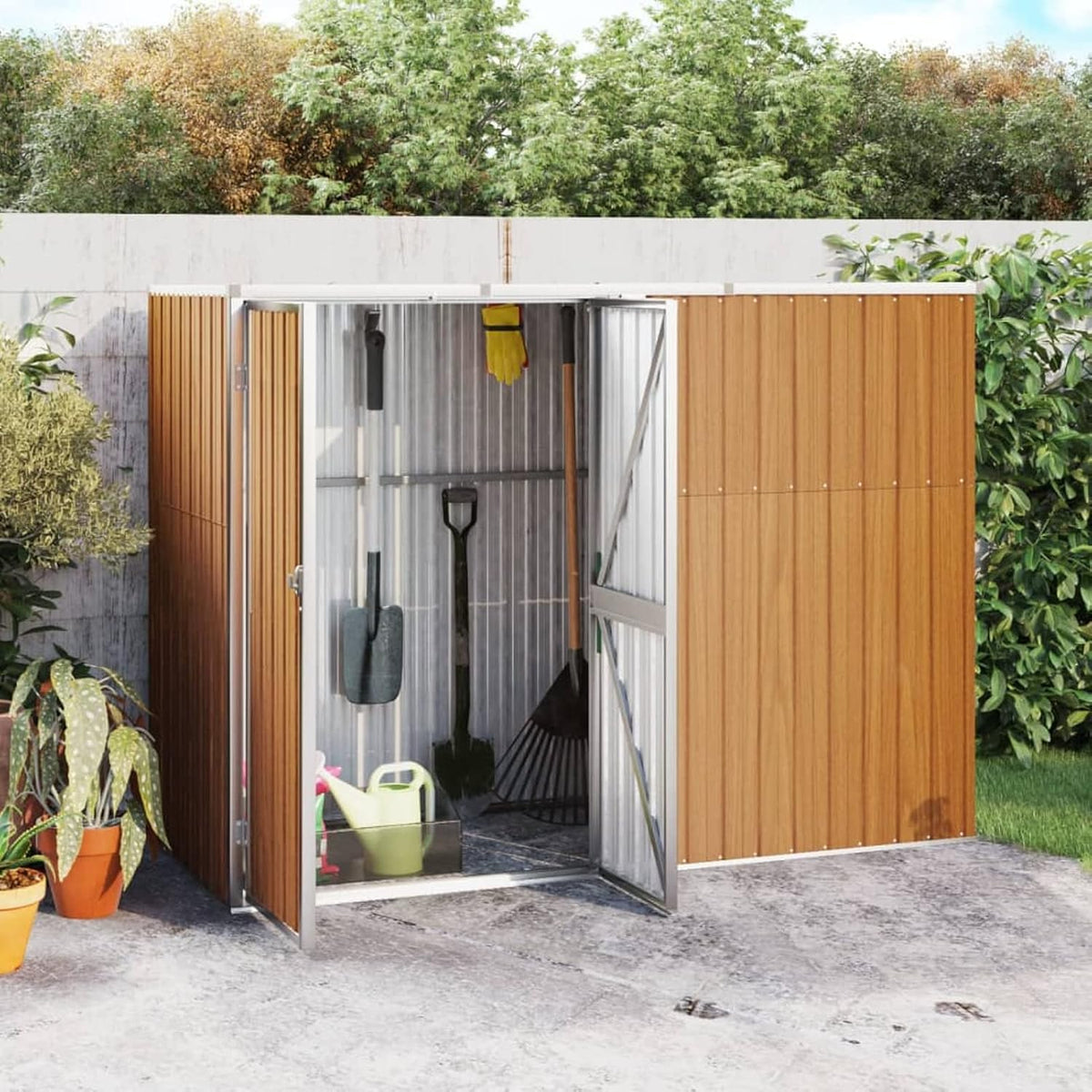Gerätehaus Xichuzi, 225x89x161 cm, Verzinkter Stahl, Metall, Braun, Geräteschuppen, Gartenhaus, Fahrradunterstand