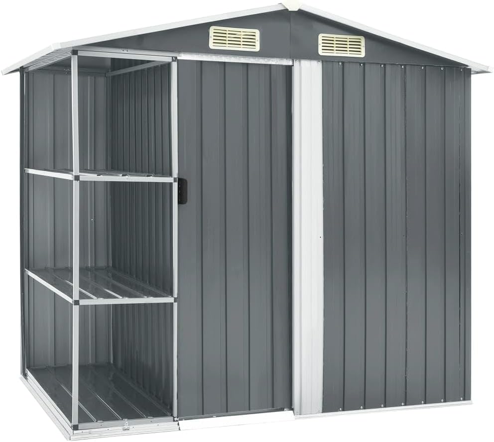 Gerätehaus Emmtore, 205x130x183 cm, 4 L, Verzinktes Eisen, Kunststoff, Grau, Gartenhaus mit Regal üftungsschlitzen Schiebetür
