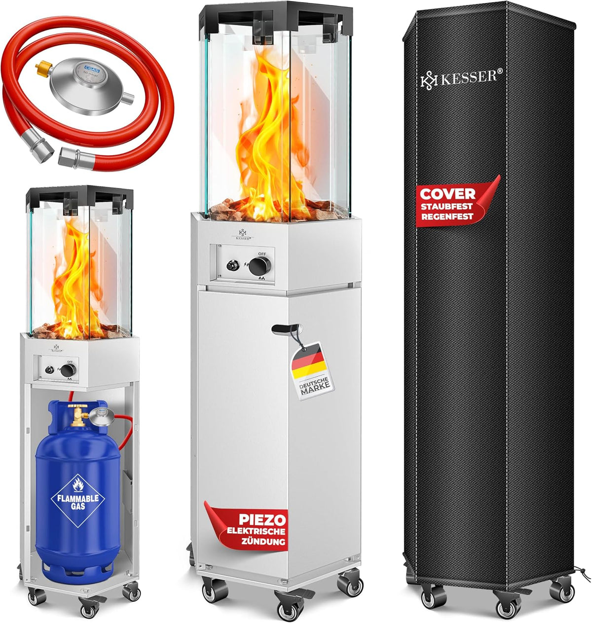 KESSER Heizstrahler, 8 kW, Weiß/Schwarz/Rot/Blau, ® Gas 4/ Gas Piezozündung Heizung + Gasdruckregler + Cover, 360° Rollen Kippschutz