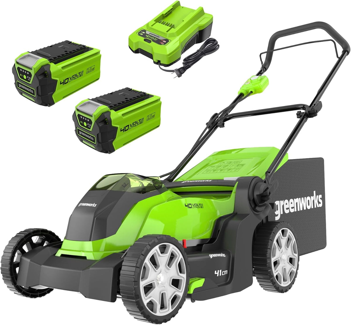 Greenworks Rasenmäher, 500 m, 41 cm, 40 V, 40 V, Grün/Schwarz, Kabelloser Akku für Flächen bis zu ², Schnittbreite