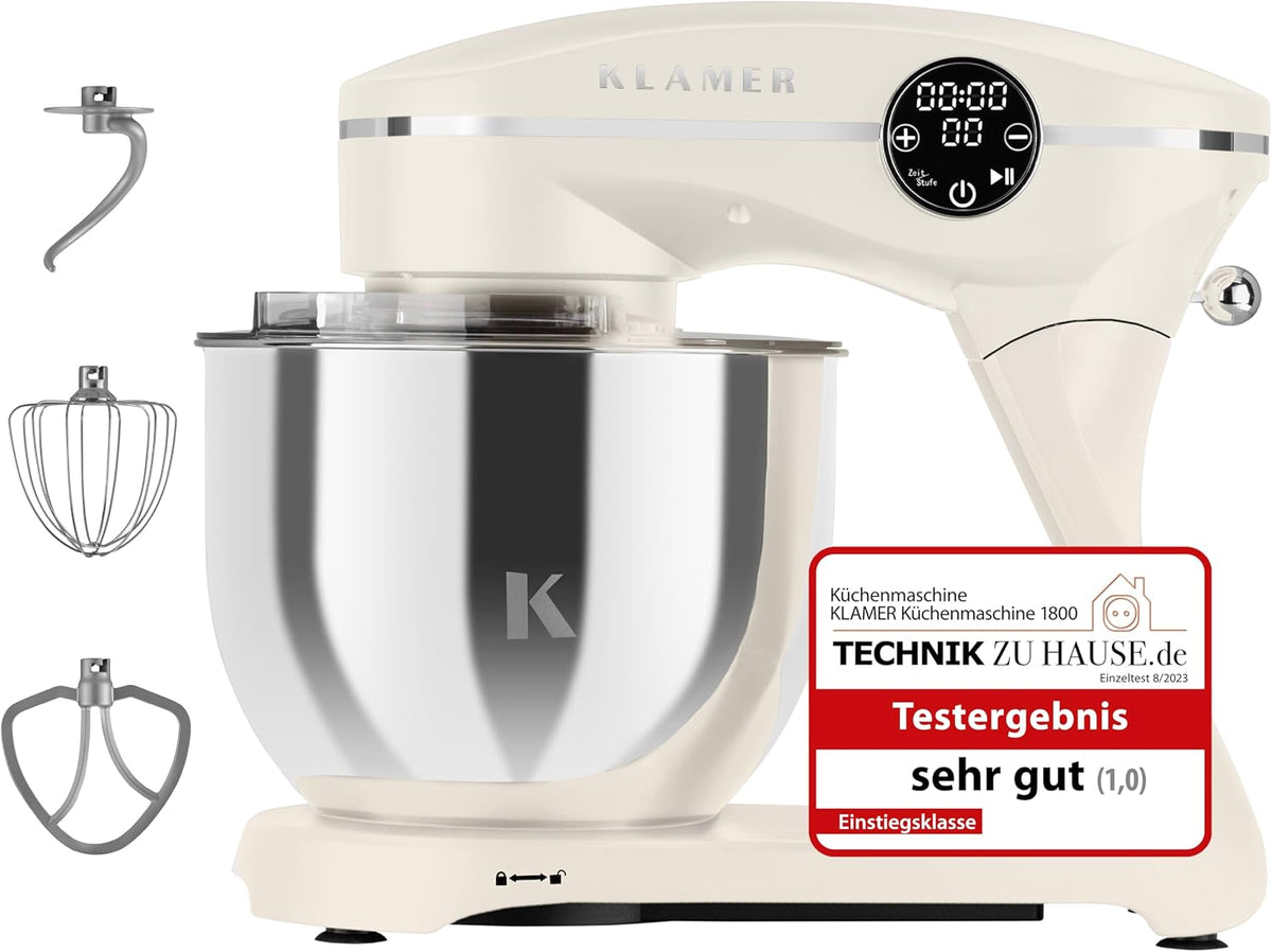 KLAMER Universalküchenmaschinen, 1800 W, 6 L, Creme/Edelstahl, Knetmaschine Brotteig mit Edelstahl-Rührschüssel