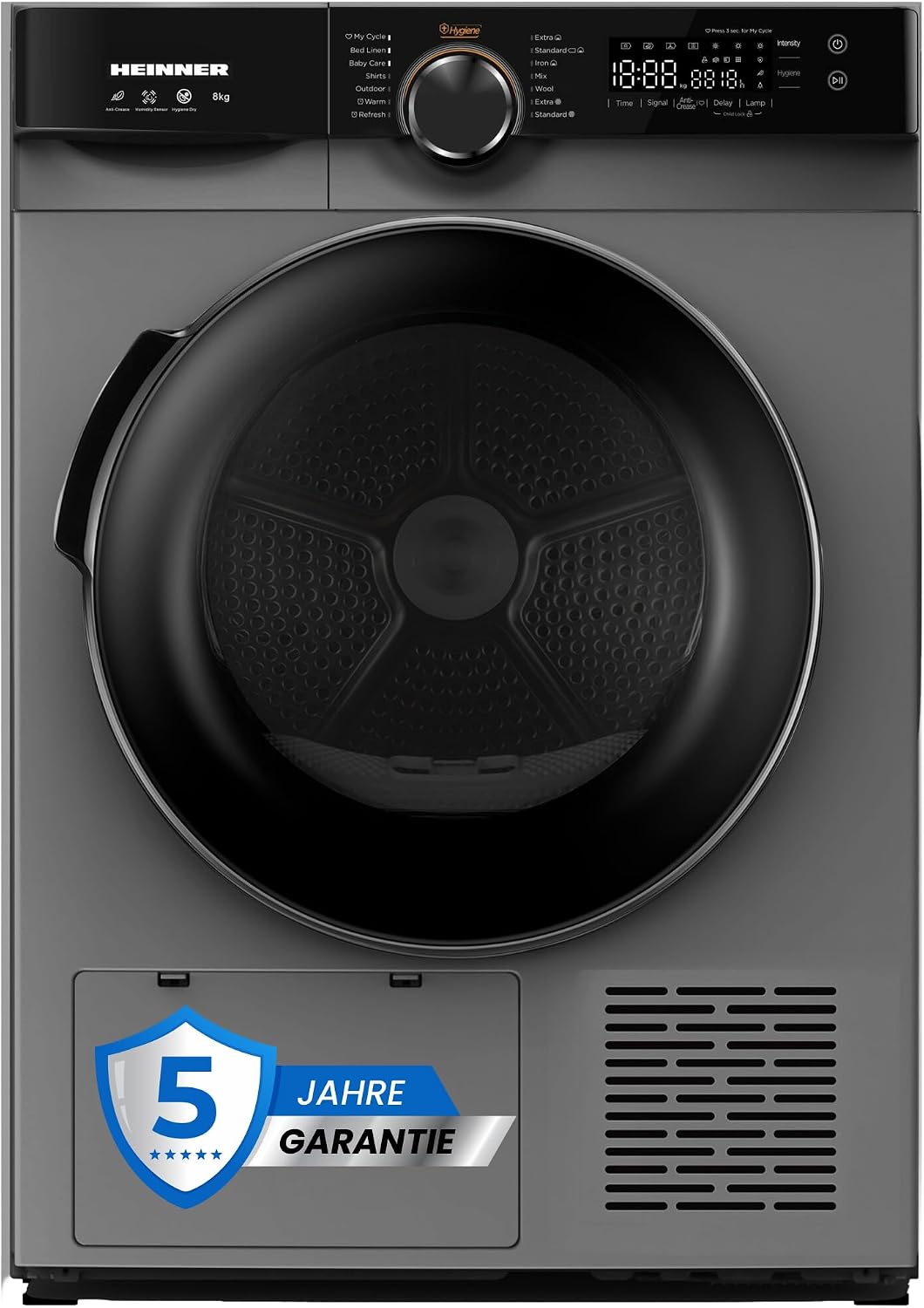 HEINNER Wärmepumpentrockner, 8 KG, Schwarz/Grau, HHPD-M8K3SA++ - Energieklasse D, LED-Display, Sensor Dry, 15 Programme