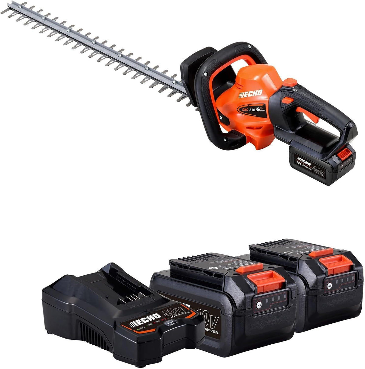 ECHO Heckenschere, 60,4 cm, 40 V, Orange/Schwarz, Akku‑ DHC‑310, inkl. 2X2 Ah Akku & Ladegerät, ca.56, 118Min Laufzeit