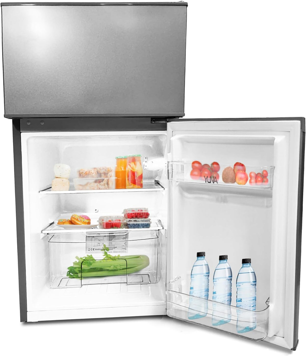 YUNA Kühl-Gefrierkombination, 84 Liter, 85 cm, 25 L, Silber/Weiß, GK85E-IX, Höhe, Inox-Look,  Nutzinhalt, 4*Gefrierfach