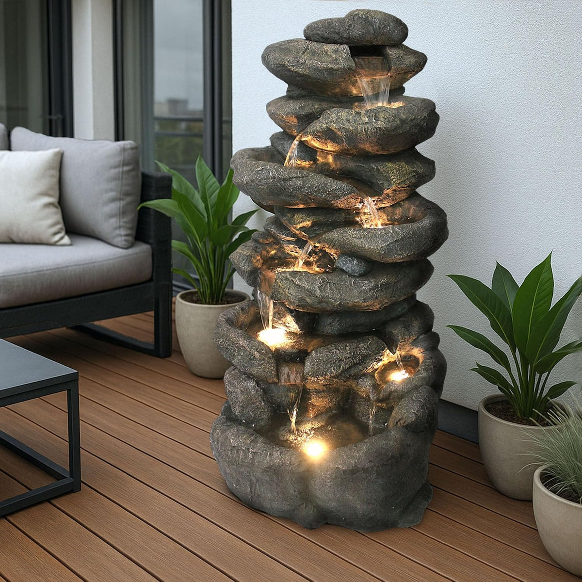 Arnusa Springbrunnen, 100 cm, Aus Polyresin gefertigt, wetterfest. Sehr realistische Stein-Optik. Komplett-Set, Grau