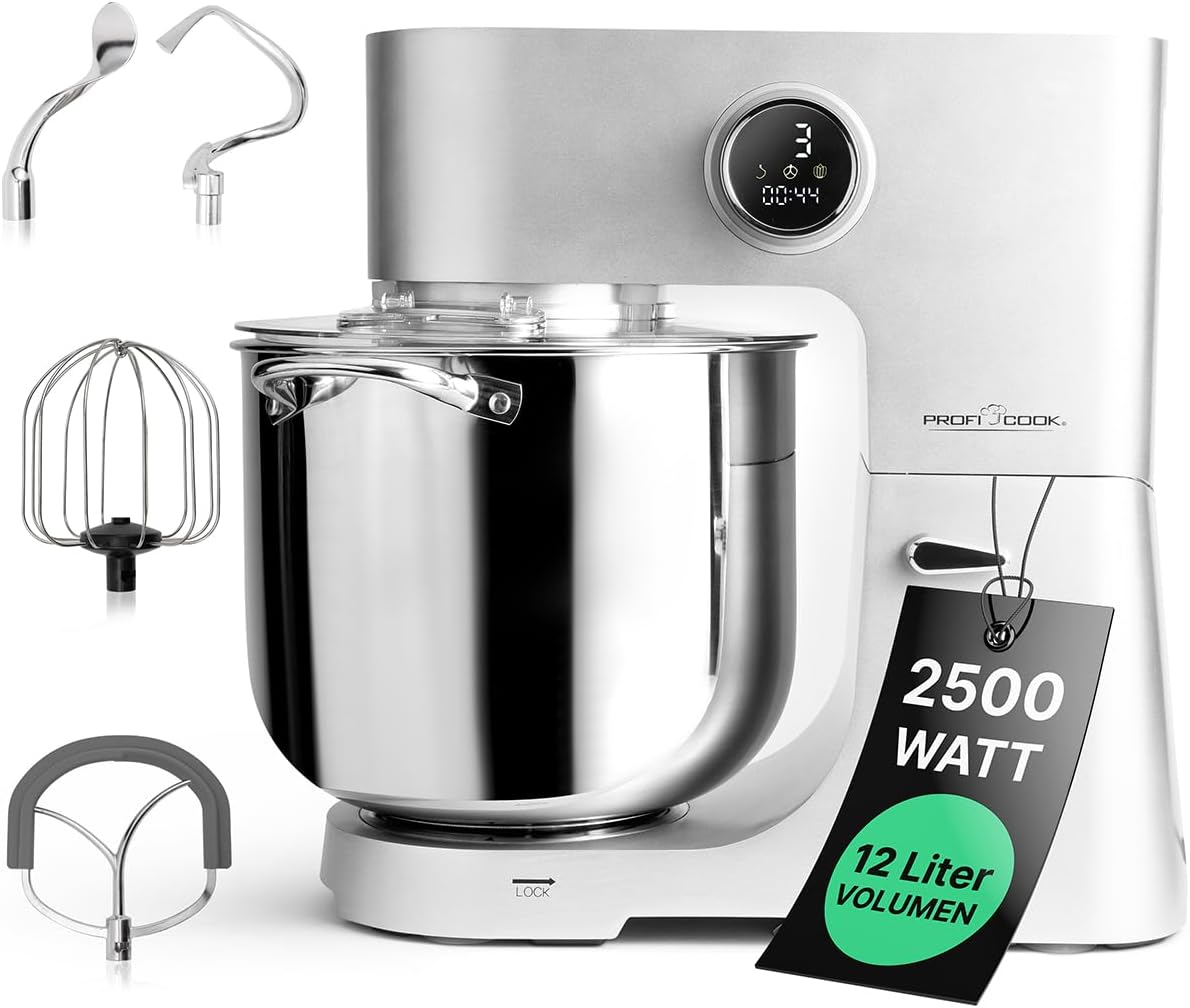 Profi Cook Universalküchenmaschinen, 8,5 kg, 2500 W, 12 L, Silber, Küchenmaschine mit XXL Schüssel, Knetmaschine