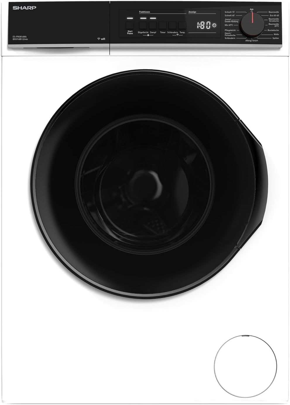 SHARP Waschmaschine, 8 kg, Schwarz/Weiß, ES-PRO814WA-DE Frontlader, 1400U/min, Smarte Bedienung durch Veezy App