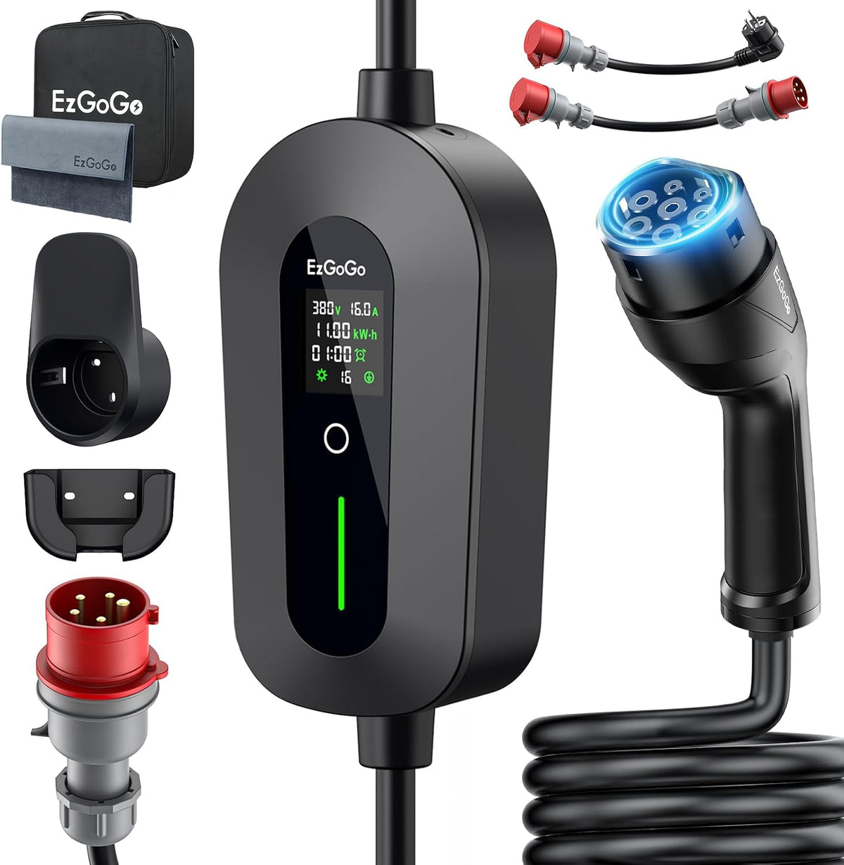 EzGoGo Ladestationen, 11 kW, 7m, Schwarz, Mobile Wallbox Ladegerät Typ 2 (3-phasig) mit Ladekabel CEE, EV Ladestation [6/8/10/13/16A]