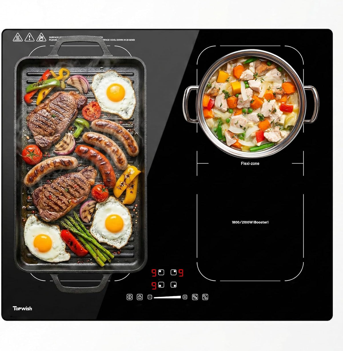TOPWISH Kochfeld, 7200 W, 60 cm, Schwarz, Induktions, Induktions 4 platte mit Zwei Flexzonen, Induktionskochplatte einbau mit Boost-Funktion