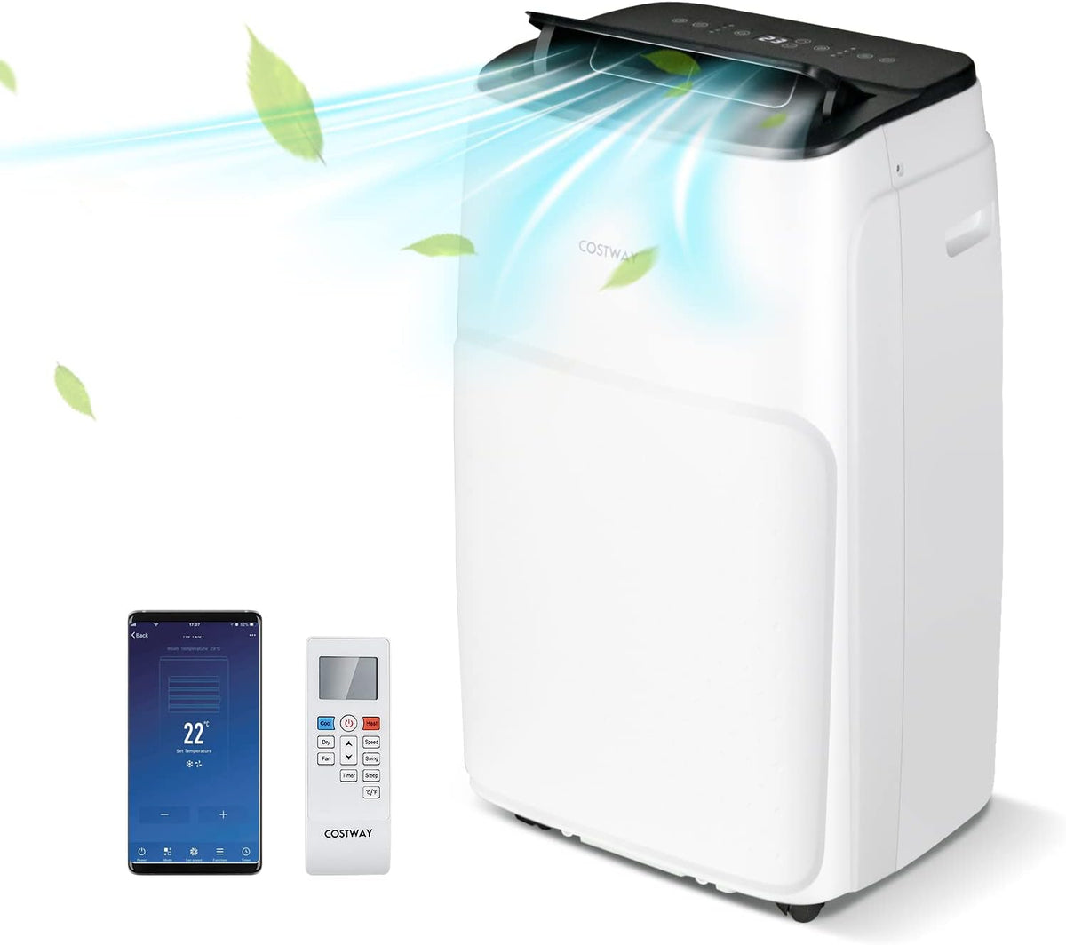 COSTWAY Klimaanlage, 135 m, Weiß/Schwarz, mobile mit Abluftschlauch 14000 BTU, für Raum bis ³, 5 in 1 Klimagerät zum Kühlen & Heizen & Entfeuchten &