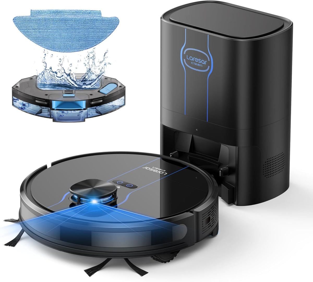 Laresar Clean Saugroboter, 3 L, Schwarz/Blau, mit Wischfunktion, mit Absaugstation L6 Nex, LiDAR Navigation, Staubsauger bis zu 180M
