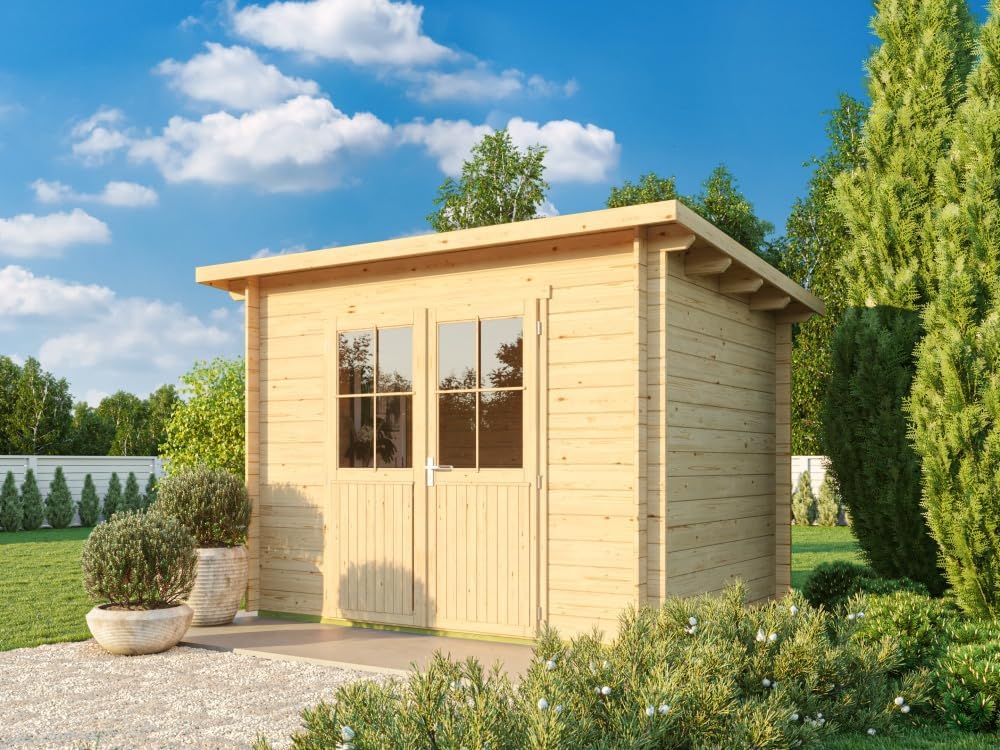 Gerätehaus Fjordholz, Beige, Pultdach Gartenhaus Modell Ezra 2D