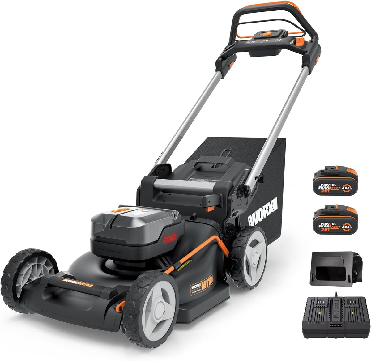 WORX Rasenmäher, 46 cm, 40 V, Schwarz/Orange/Silber, WG749E Akku (2x20 V) PowerShare, Radantrieb, Kraftvoller Bürstenloser Motor