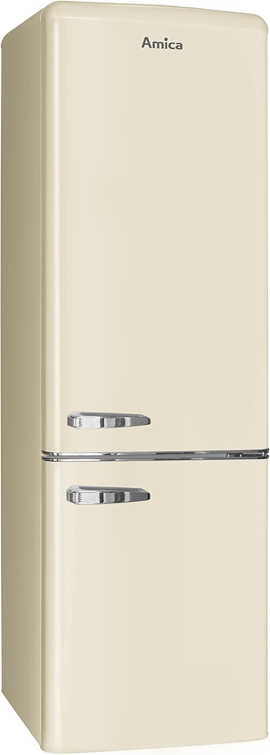 Amica Kühl-Gefrierkombination, 181 x 55 x 62 cm, 244 l, Beige, Retro Kühlschrank freistehend mit Gefrierfach LED