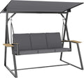Outsunny Tablet, 360 kg, Grau/Natur, 3-Sitzer Gartenschaukel mit verstellbarem Dach, Kissen und Getränkeablagen