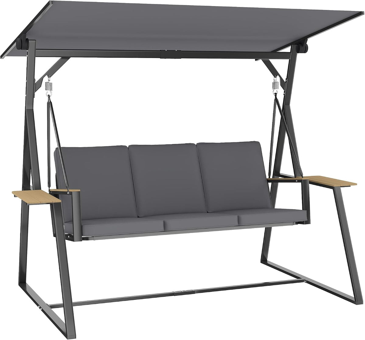 Outsunny Tablet, 360 kg, Grau/Natur, 3-Sitzer Gartenschaukel mit verstellbarem Dach, Kissen und Getränkeablagen