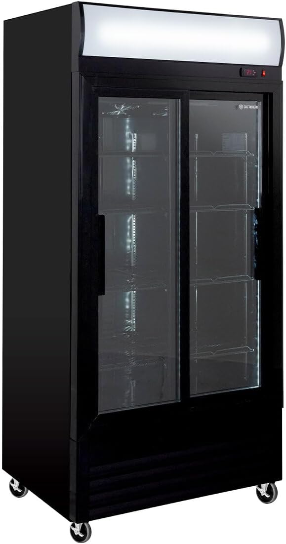 GastroHero Getränkekühlschrank, 630 L, Schwarz, Eco 630 mit Leuchtaufsatz & Schiebetüren, 8 verstellbare Böden, Volumen