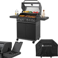 Juskys Kochfeld, Schwarz, BBQ Gasgrill Savannah - 4 Brenner und 1 Seitenbrenner - XXL, Unterschrank für Gasflasche