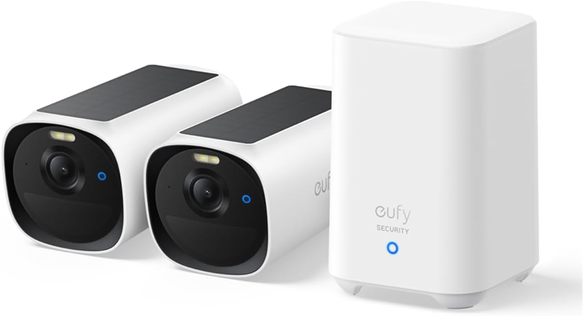 eufy Security Kamera, Weiß/Schwarz, Cam E40 2- -Set mit Homebase 2, kabellose 2K Solar für außen, mit integriertem Solarpanel