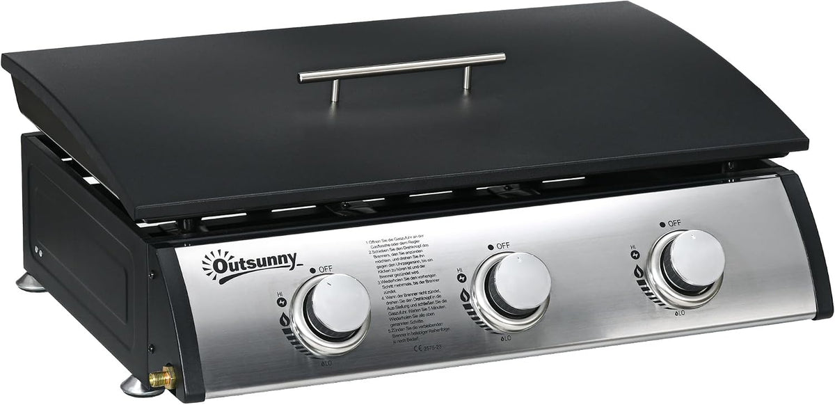 Outsunny Gasgrill, 61 × 35,5 cm, 7,5 kW, Schwarz/Silber, mit 3 Brenner Grillfläche tragbarer Tischgrill mit Deckel