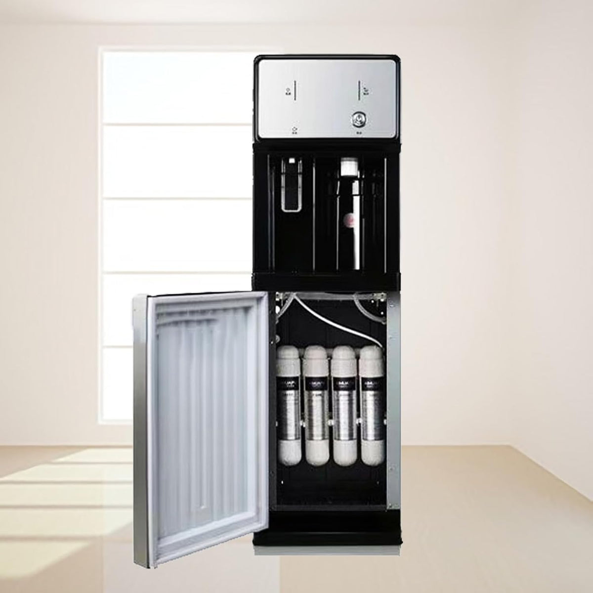 Wasserdispenser Kühler & Wasserspender, Schwarz/Silber, Wasserkühler mit Netzstromversorgung, gefilterter Spender