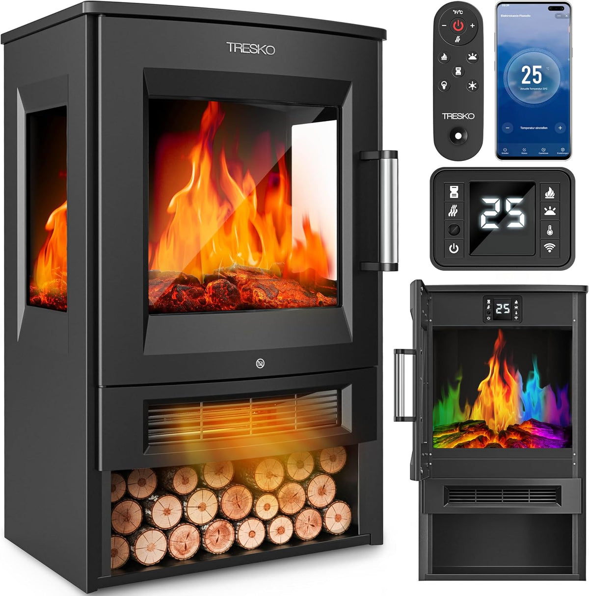 TRESKO Elektrokamin, 1800 W, Schwarz, ® mit Heizung inkl. Fernbedienung & WiFi App, Kamin elektrisch LED-Flammeneffekt Farbmodi