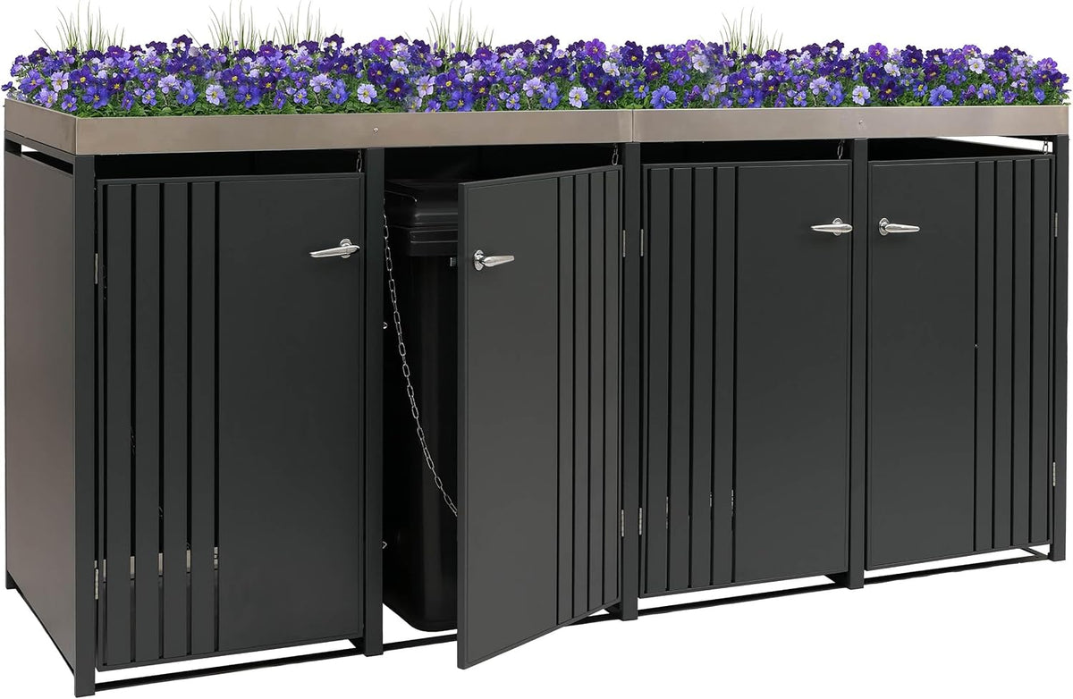 Mendler Mülltonnenbox, 125x260x84 cm, 95 kg, Anthrazit, 4er-Mülltonnenverkleidung HWC-O67, mit Pflanzkasten, Metall
