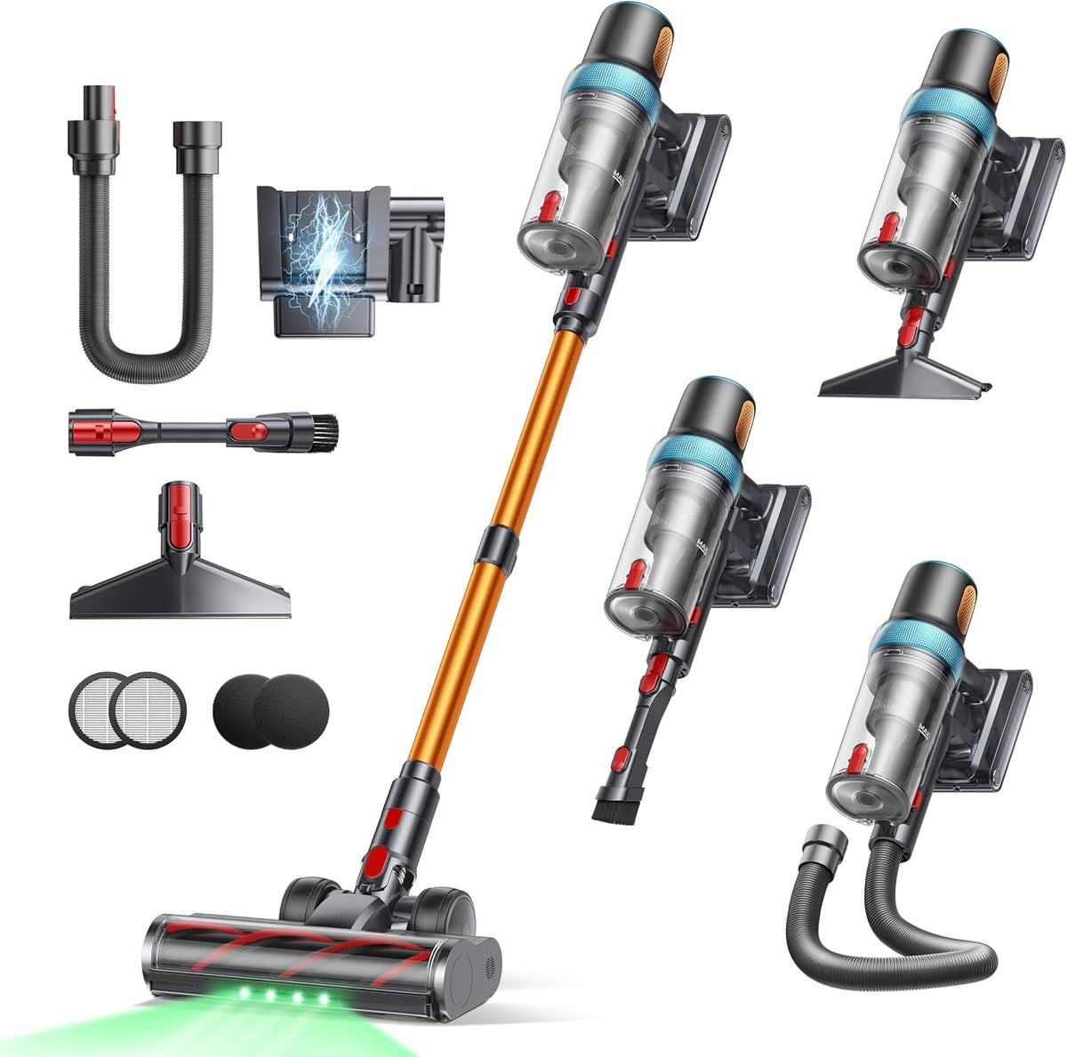 INTETURE Staubsauger, 600 W, 1M, Orange/Grau/Schwarz, Akku 50KPA/ /65Min, Selbststehender Kabellos mit Ausziehbarer Schlauch