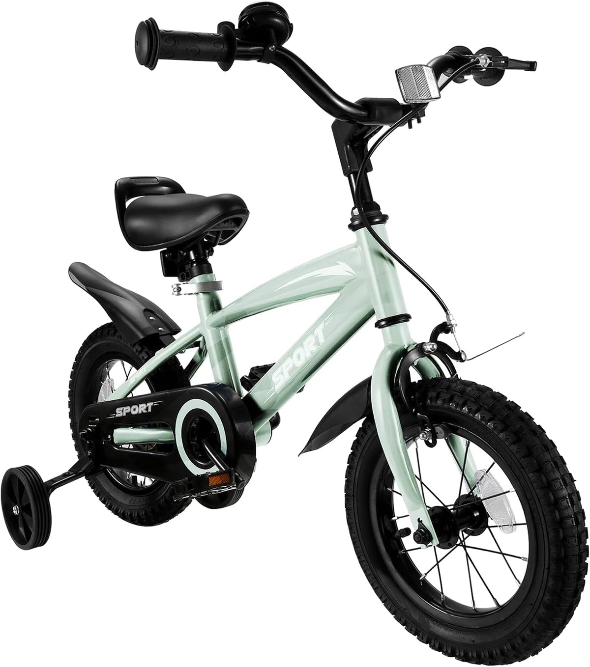BODIOO Fahrrad, 12 Zoll, 97 cm, Hellgrün/Schwarz, Kinder Kinder mit verstellbarem Sitz, Dualbremsen, Stützrädern