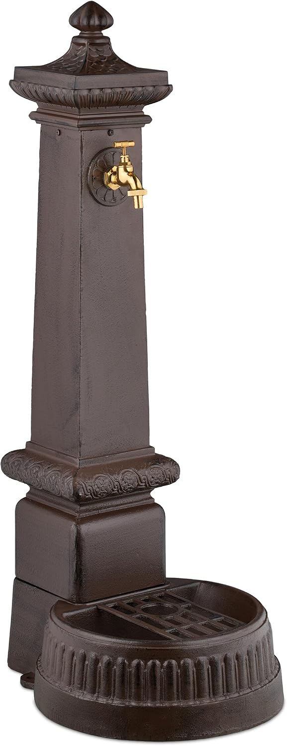 Relaxdays Brunnen & Kaskaden, 100x44,5x38 cm, Braun/Gold, Standbrunnen antik, mit Wasserhahn & Becken, HxBxT:, Wasserzapfsäule Garten
