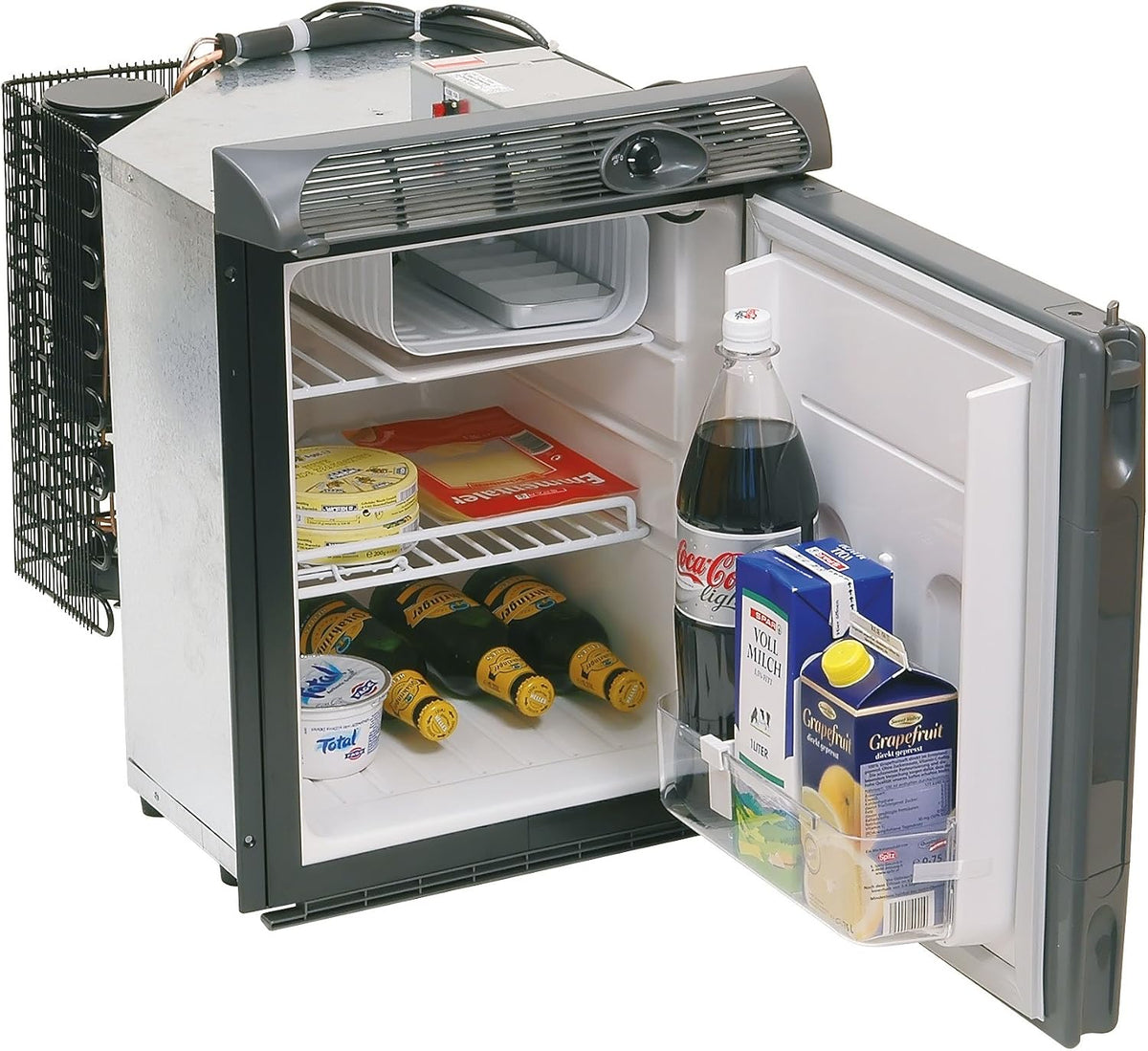 Engel Kühlschrank, 24 V, Folienbezogener Polyurethan-Hartschaumkoprus / Rahmen einbrennlackiert grau, Tür Teakholzdekor, Silber/Schwarz