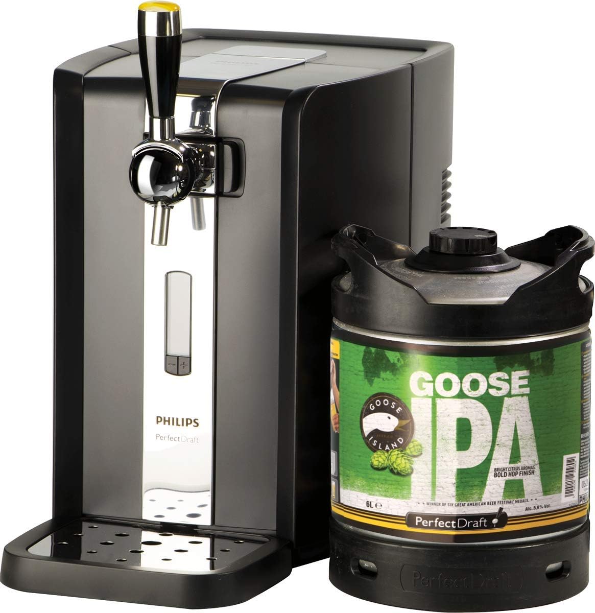 HOPT Mini-Zapfanlagen, 6 L, Schwarz/Silber, Perfect Draft Zapfanlage HD 3720/26 + Fass, Fassbier, inkl 5 EUR MEHRWEG Pfand (Goose Island IPA)