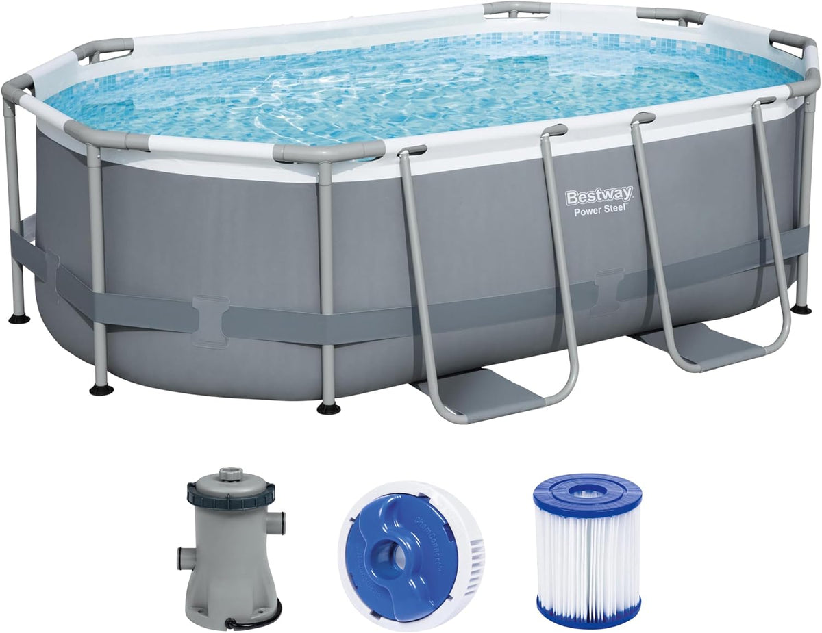 Bestway Stahlrahmenpool, 305 x 200 x 84 cm, grau, Power Steel Frame Pool Set, oval, mit Filterpumpe, 5614A
