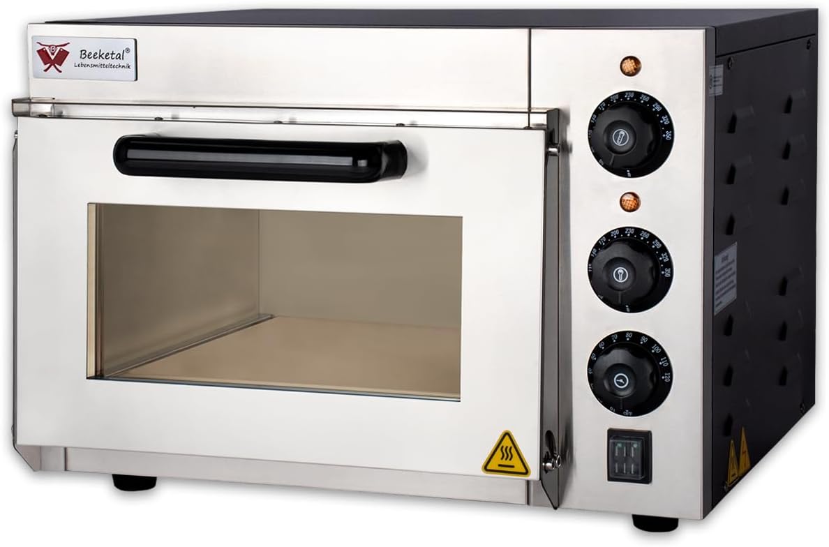 Beeketal Pizzaofen, Silber/Schwarz, 'BPO35-1' Profi mit 330x330 mm Schamottstein Backfläche und, Gastro Steinbackofen für Pizza