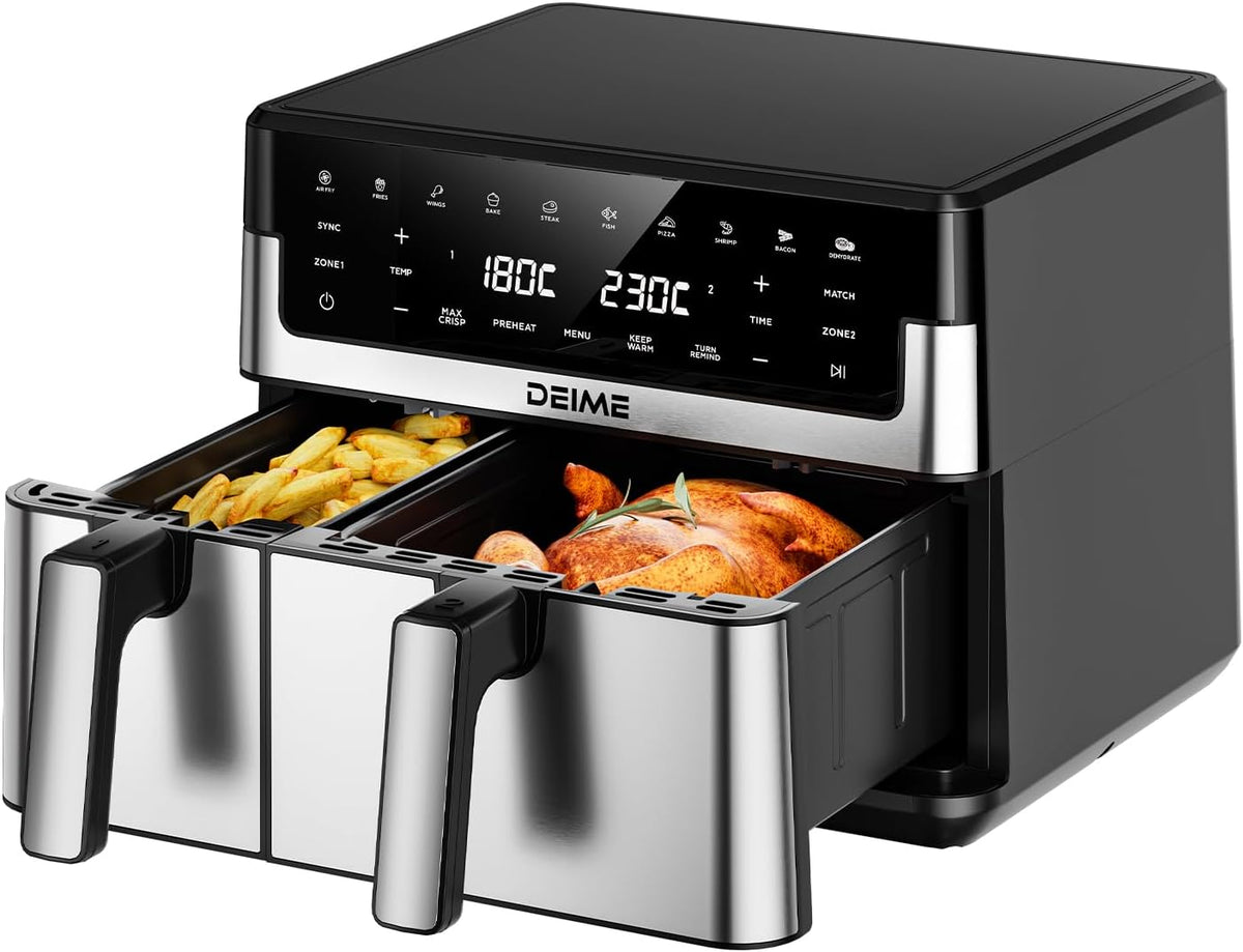 DEIME Heissluftfritteuse, 3,5 L, 10 L, Schwarz/Silber, Heißluftfritteuse 2 Kammern Airfryer Doppelkammer, 5 & ) für 2 Gerichte gleichzeitig fertig