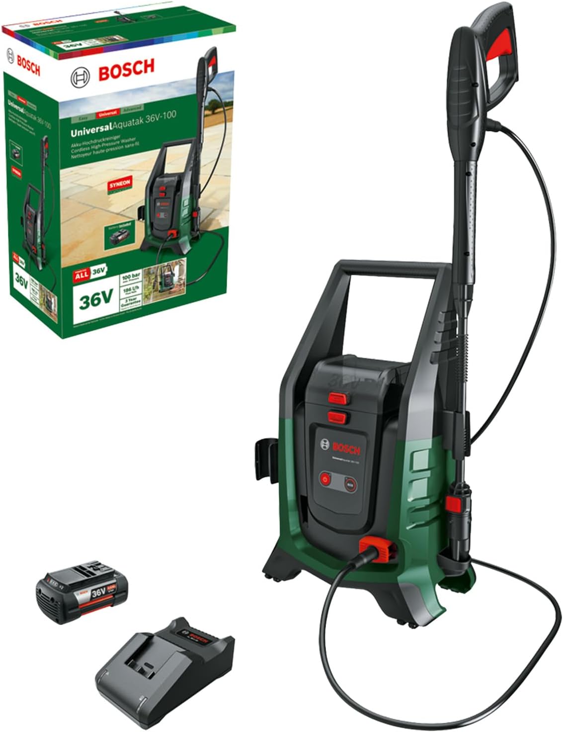 Bosch Hochdruckreiniger, 4.0 Ah, 36 V, grün/schwarz/rot, Mobiler Akku- UniversalAquatak -100 (für die Reinigung zu