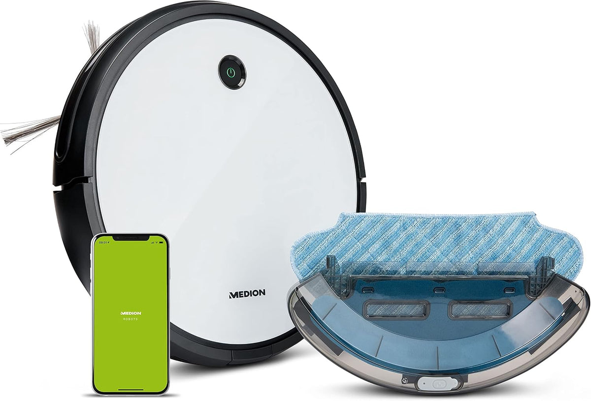 MEDION Saugroboter, Weiß/Schwarz, mit Wischfunktion und App-Steuerung (WLAN, Alexa, intelligente Navigation, Ladestation