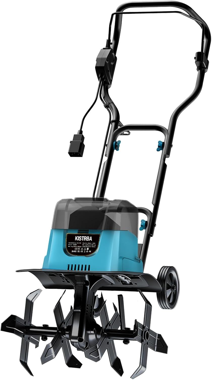 Kistrba Motorhacken, 1600 W, 18 cm, 36 cm, 18 V, Blau/Schwarz, Akku Gartenfräse für Makita Akku (Doppeltes Batteriefach)
